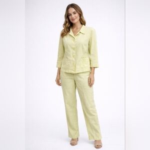 Liz Claibor Button Up Jacket Pants Suit Set Petite 8 Paris Yellow/Green 29" W